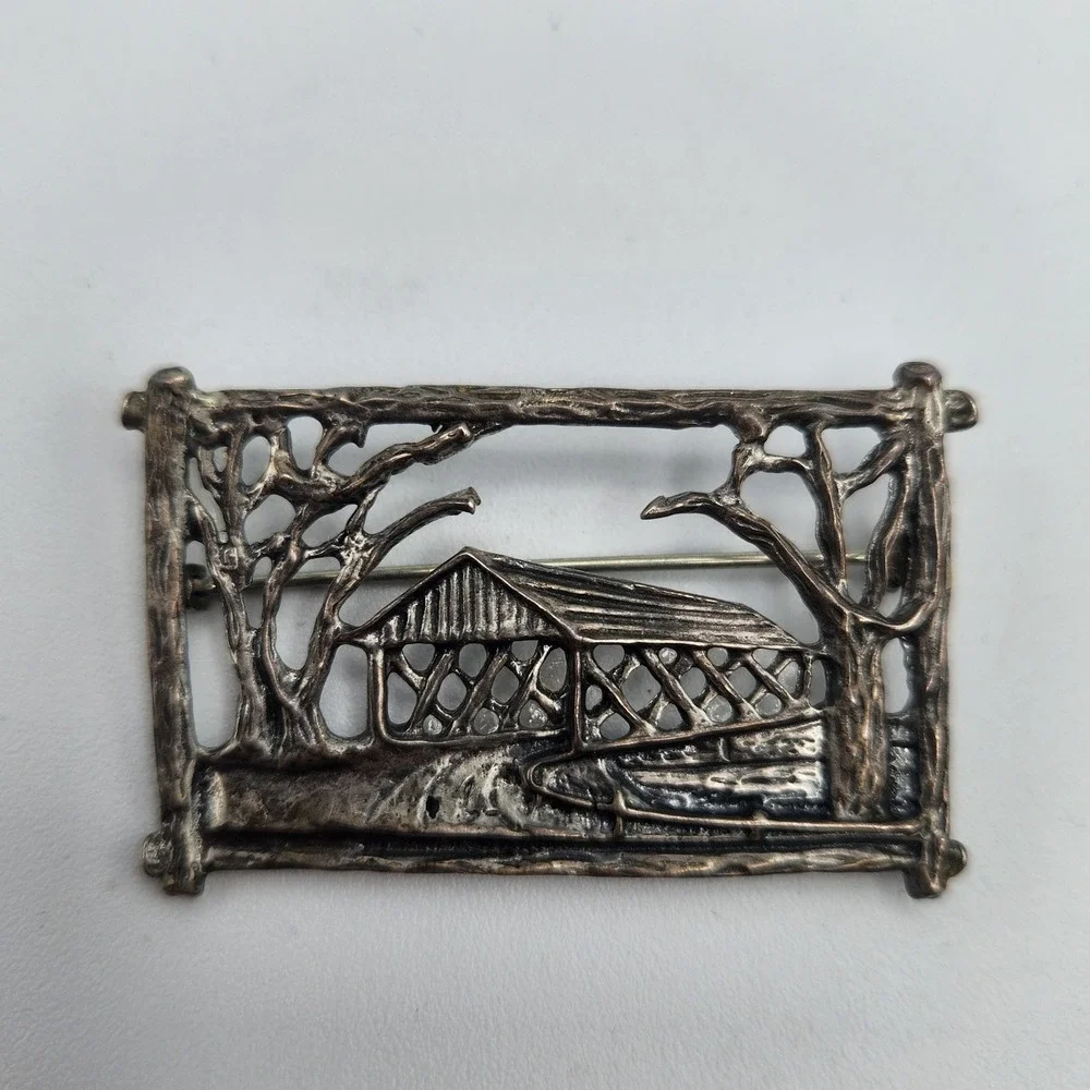 Michele Sterling 925 Silver Covered Bridge Scenic Landscape Brooch Pin Vintage